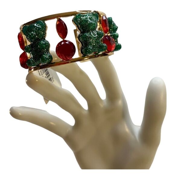Betsey Johnson Wide Gold Toned Red Jewels & Green Gummy Bears Cuff Bracelet - Picture 3 of 7